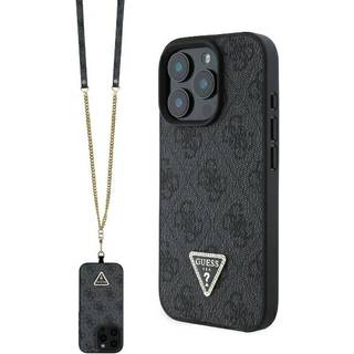 iPhone 16 Pro Max Guess 4G Strass Triangle Metal Logo Cover med Crossbody Rem - Sort