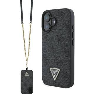 iPhone 16 Guess 4G Strass Triangle Metal Logo Cover med Crossbody Rem - Sort