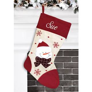 Personaliseret julestrømpe - Red Snowman Design - Broderet navn - Stort 18,5 tommer Rød og beige farve Familie -feriesæsonindretning