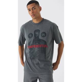 Mens Charcoal Oversized Extended Neck Wash Distressed Printed T-Shirt