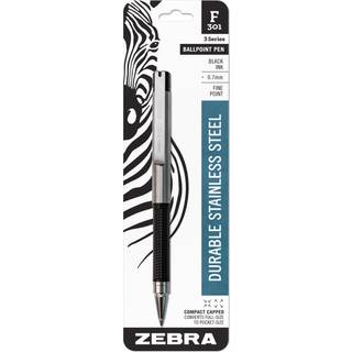 Zebra F-301 kompakt rustfrit stål kuglepen med udvidelig og udtrækkelig mekanisme, 0,7 mm fin spids, sort blæk