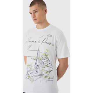 Mens White Regular Fit Homme Paris Line Drawing Print T-Shirt