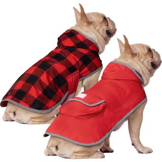 HDE Vendbar Hunde Regnfrakke H?tte Slicker Poncho Regnfrakke Jakke til Sm? Mellemstore Hunde Buffalo Plaid R?d - S
