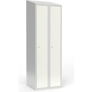 Skoleskab i stål med 2 rum, skråt tag og cylinderlås 60x55x190cm hvid