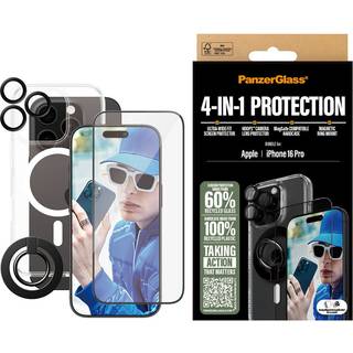 iPhone 16 Pro PanzerGlass 4-i-1 Bundle m. EasyAligner - Skærmbeskyttelse (UWF) / Bagsidecover / Kamerabeskyttelse / Fingerring - Gennemsigtig / Sort