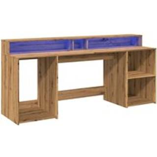 skrivebord med LED-lys 200x55x91 cm konstrueret træ gammelt eg