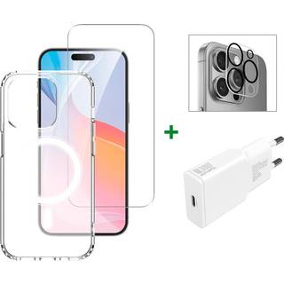 iPhone 16 Pro 4smarts Premium Starter Set - MagSafe Bagside Cover, Beskyttelse til Skærm og Kameralinse & 30W Vægoplader - Gennemsigtig / Hvid