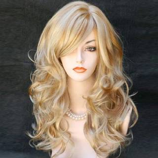 Righton 21 """" Stilfuld lang kr?llet b?lget blond h?r Paryk med Bangs Party Perruque Halloween Cosplay Party Costume Wig (Mixed Blonde)