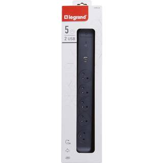 Legrand 049429 5-udtags 2P+T roterende strømskinne med USB-A og USB-C - 3680W/16A - Sort