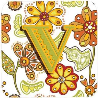 """" Caroline's Treasures CJ2003-VFC Letter v Floral Mustard og Green Foam Coasters (Sæt på 4) 3.5 """" ""Multicolor"" ""