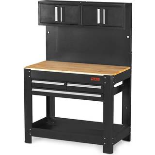 PELA Arbejdsbænk med skuffer, hylde & overskab, sort med træbænk