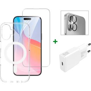 iPhone 16 4smarts Premium Starter Set - MagSafe Bagside Cover, Beskyttelse til Skærm og Kameralinse & 30W Vægoplader - Gennemsigtig / Hvid