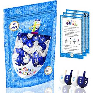 Dreidel Company 30 Solid Blue & White Treen Hand Painted Hanukkah Dreidels med engelsk translitteration- Inkluderer 3 detaljerede spilinstruktion