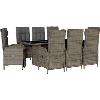 Spisebordssæt Til Haven 9 Dele Med Hynder Polyrattan - 8 / Grå / Med fodskammel