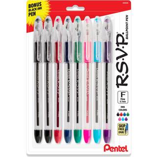 Pentel RSVP Original Ballpoint Pen (0,7 mm) Fine linje Assorterede blækfarver Clear Barrel 8 Pack med bonus sort blæk pen
