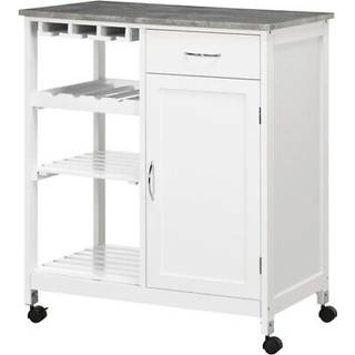 HOMCOM Compact Kitchen Trolley Utility Cart on Wheels with Wine Rack, Drawer, Open Shelf and Storage Cabinet for Dining Room, White Aosom UK