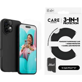 CARE By PanzerGlass iPhone 16 3-i-1 FASHION Bundle - Cover / Skærmbeskyttelse (UWF) / Kamerabeskyttelse - Gennemsigtig / Sort