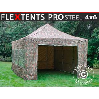 Foldetelt FleXtents Easy up pavillon PRO Steel 4x6m Camouflage/Militær, inkl. 8 sider
