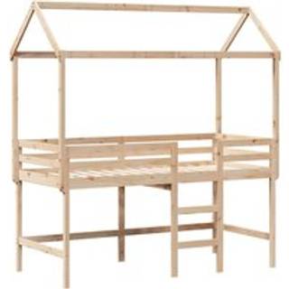 Højseng Med Stige Og Tag Massivt Fyrretræ - Naturfarvet / 90 x 200 cm