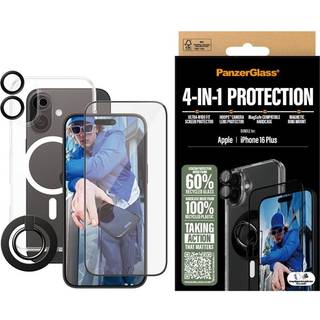 iPhone 16 Plus PanzerGlass 4-i-1 Bundle m. EasyAligner - Skærmbeskyttelse (UWF) / Bagsidecover / Kamerabeskyttelse / Fingerring - Gennemsigtig / Sort
