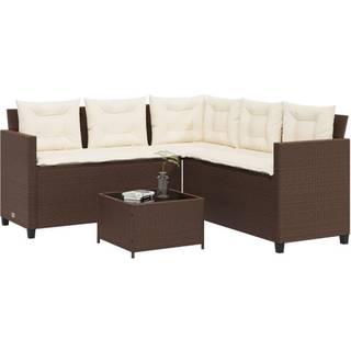 Havesofa Med Bord Og Hynder L-Formet Polyrattan Beige - Brun / Glas