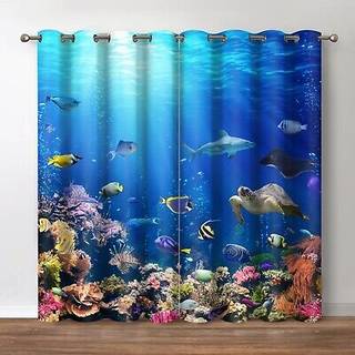 Jekeno Ocean Animal Blackout Curtain Underwater World Sea Turtle Shark Coral Fish Landscape Print Decor Soveværelse Stue Darkering Grommet Vindue