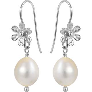 Susanne Friis Bjørner Øreringe - SFB - Hvide perle øreringe med sølv blomst og bøjle - 3780-1-900