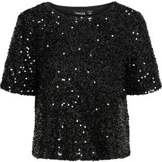 Pieces Pcserena Sequin Ss O-neck Top Black Detail:black Detail M