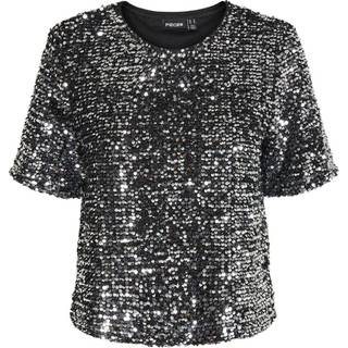 Pieces Pcserena Sequin Ss O-neck Top Black Detail:silver Detail S