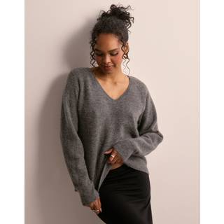 Selected Femme - Grå - Slflulu New Ls Knit V-Neck B Noos - Large