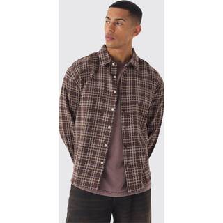 Mens Beige Oversized Long Sleeve Textured Check Shirt