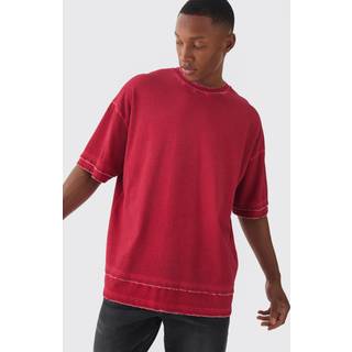 Mens Red Premium Oversized Faux Layer Top Stitch Washed T-shirt