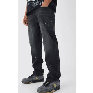 Mens Washed Black Straight Leg Paint Splatter Jeans With Tonal Embroidery