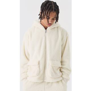Mens Ecru Oversized Boxy Cargo Pocket Zip Through Teddy Borg Hoodie