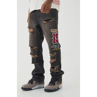Mens Slim Rigid Flare Varsity Applique Brown Wash Jeans