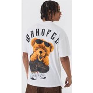 Mens White Oversized Extended Neck Large Scale MAN OFCL Teddy Print T-Shirt