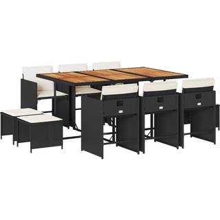 Spisebordssæt Til Haven 11 Dele Med Hynder Polyrattan Sort - 10 / Sort og cremefarvet / træ