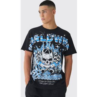 Mens Black Regular Fit Worldwide Skull Printed T-Shirt