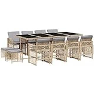 Spisebordssæt Til Haven 17 Dele Med Hynder Polyrattan - 12 / beige og grå / Glas