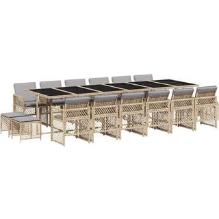 Spisebordssæt Til Haven 17 Dele Med Hynder Polyrattan - 16 / beige og grå / Glas