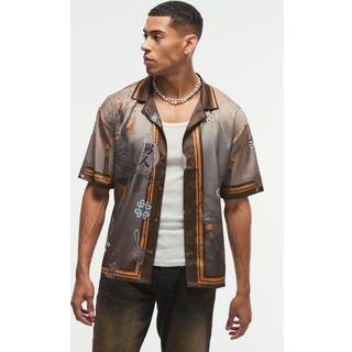 Mens Brown Oversized Satin Floral Shirt