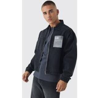 Mens Washed Black Boxy Fit Denim Jacket With Woven Label