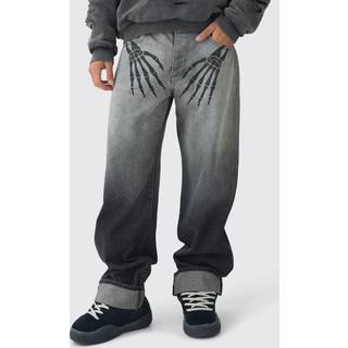 Mens Washed Black Relaxed Rigid Skeleton Hand Washed Jeans