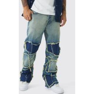 Mens Blue Relaxed Rigid Flare Patchwork Distressed Jeans