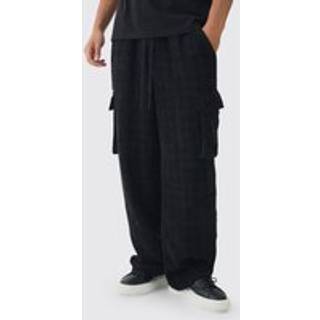 Mens Black Elasticated Waist Baggy Boucle Cargo Pocket Trousers