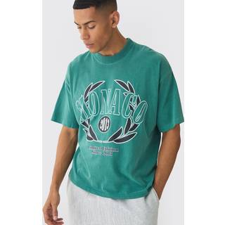 Mens Green Oversized Boxy Washed Monaco Racing Printed T-Shirt