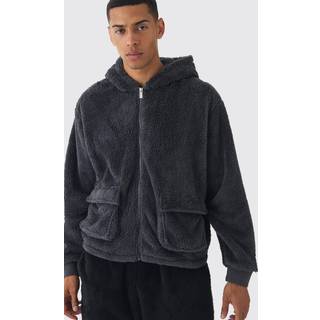 Mens Charcoal Oversized Boxy Cargo Pocket Zip Through Teddy Borg Hoodie