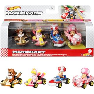Hot Wheels Mario Kart 4-Pack Collectible Set med 4 leksaksfordon med Tanooki Mario Cat Peach Toad Sneeker & Toadette Födelsedagsflicka