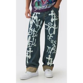 Mens Antique Blue Relaxed Rigid Graffiti Spray Printed Jeans