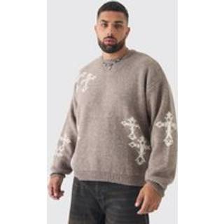 Mens Stone Plus Gothic Cross Oversized Fluffy Knitted Sweat
